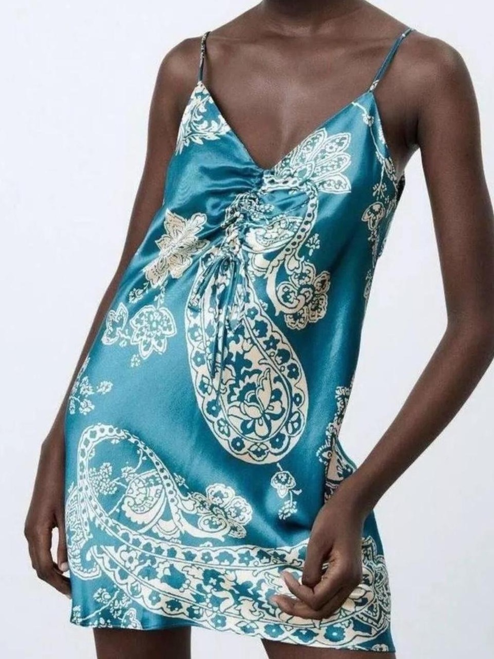 Teal Paisley Satin Slip Dress